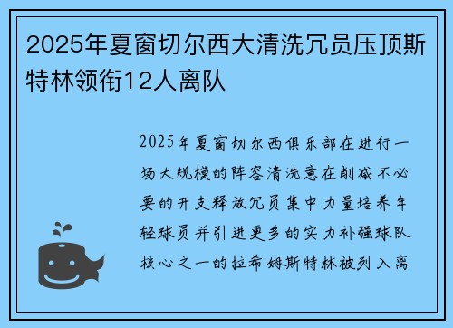 2025年夏窗切尔西大清洗冗员压顶斯特林领衔12人离队
